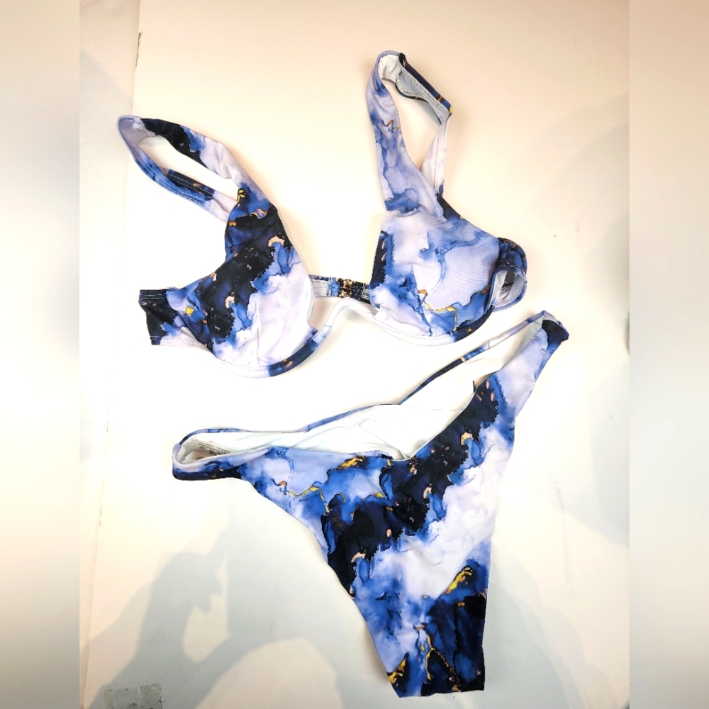 New Stylish Blue and Black Marble Thong‎ Bikini Set High Cut 858 Size Juniors L